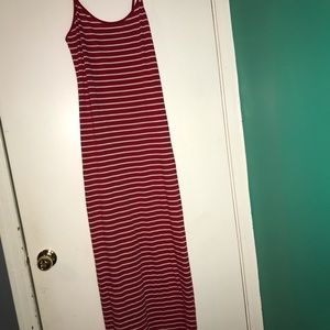 Long red and white striped spaghetti strap dress